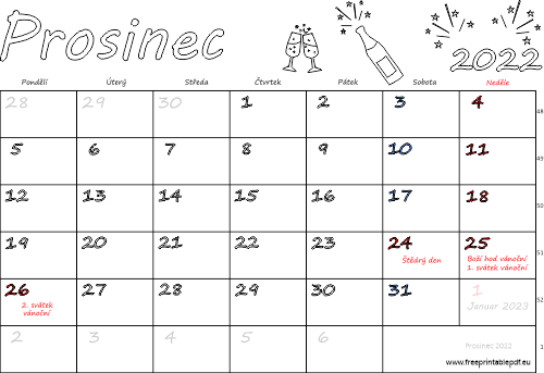 Kalendář k vytisknutí Prosinec 2022