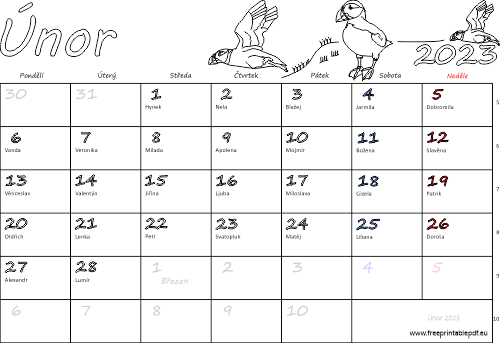 Kalendář k vytisknutí Únor 2023 jmeniny