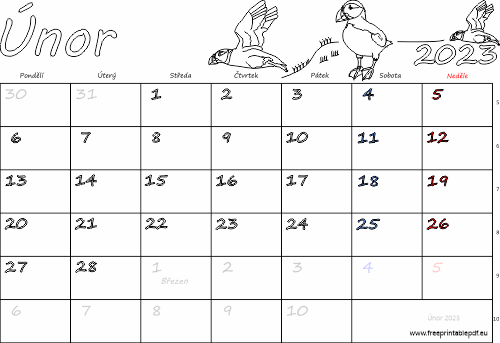 Kalendář k vytisknutí Únor 2023