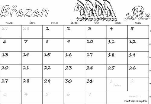 Kalendář k vytisknutí pro děti do barvy Březen 2023