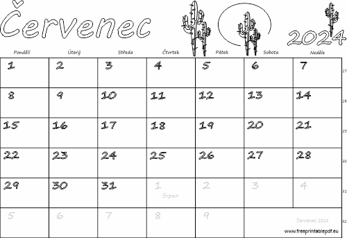 Kalendář k vytisknutí pro děti do barvy Červenec 2024
