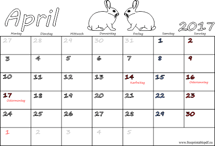 Kalender für April 2017 Feierlichkeiten
