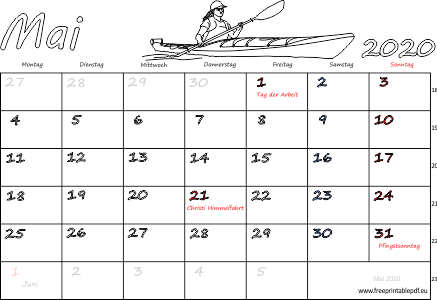 Mai 2020 Kalender mit Feiertagen