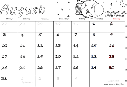 August 2020 Kalender mit Feiertagen