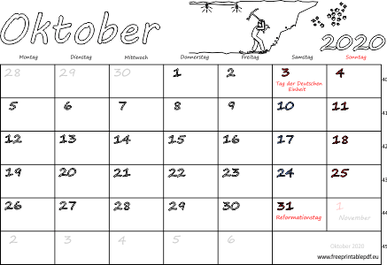 Oktober 2020 Kalender mit Feiertagen