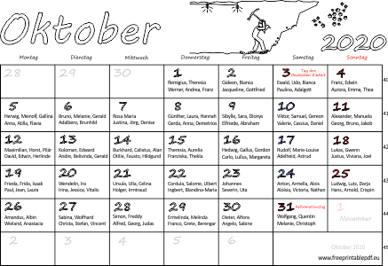 Oktober 2020 Kalender namenstagen Woche