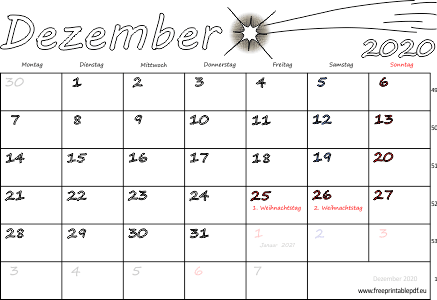 Dezember 2020 Kalender mit Feiertagen