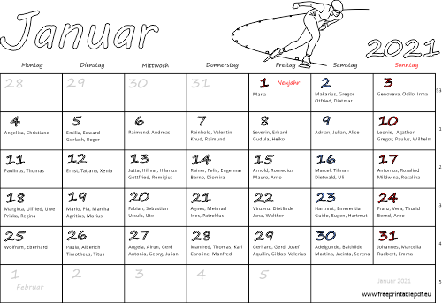 Januar 2021 Kalender mit namenstagen