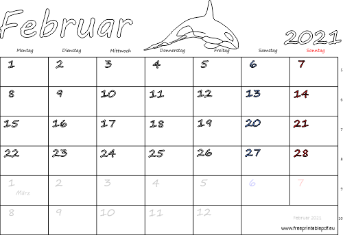 Februar 2021 Kalender mit Feiertagen