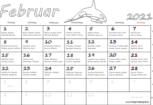 Februar 2021 Kalender mit namenstagen