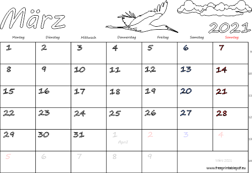 März 2021 Kalender mit Feiertagen