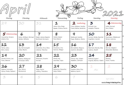 April 2021 Kalender namenstagen