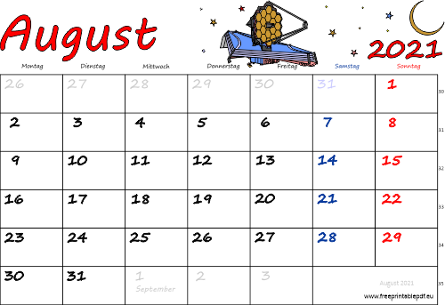 August 2021 Kalender mit Feiertagen farbe