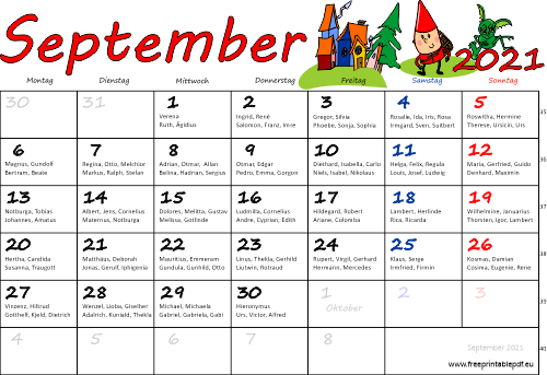 September 2021 Kalender mit namenstagen farbe