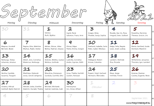 September 2021 Kalender namenstagen