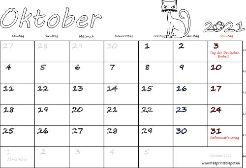 Oktober 2021 Kalender mit Feiertagen