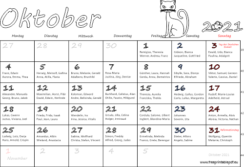 Oktober 2021 Kalender namenstagen Woche