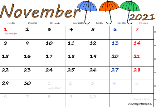 November 2021 Kalender mit Feiertagen farbe