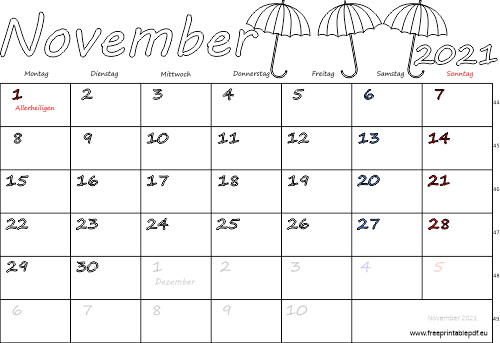 November 2021 Kalender mit Feiertagen