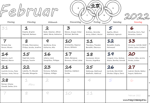 Februar 2022 Kalender mit namenstagen