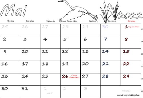 Mai 2022 Kalender mit Feiertagen