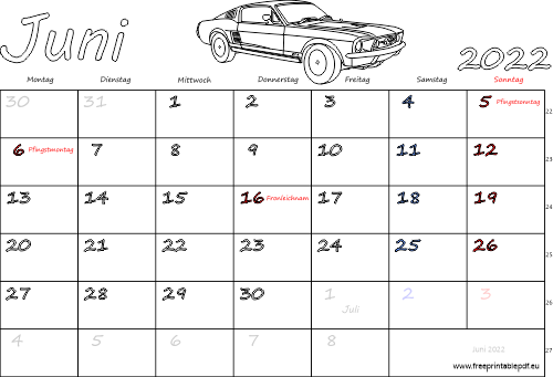 Juni 2022 Kalender mit Feiertagen