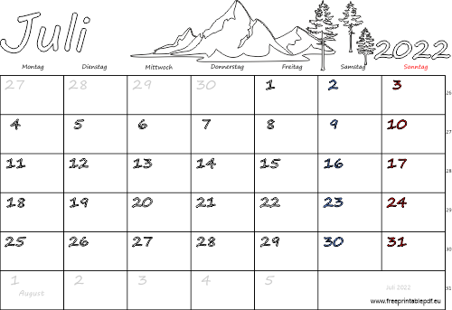 Juli 2022 Kalender mit Feiertagen