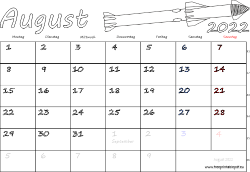 August 2022 Kalender mit Feiertagen