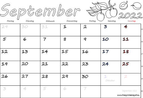 September 2022 Kalender mit Feiertagen