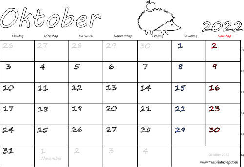 Oktober 2022 Kalender mit Feiertagen