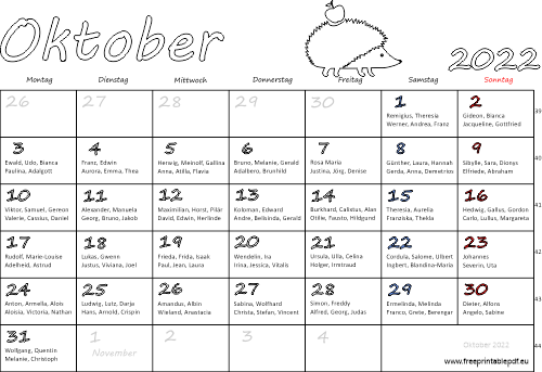 Oktober 2022 Kalender namenstagen Woche