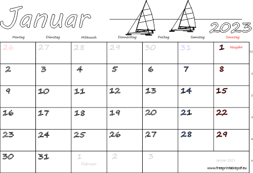 Januar 2023 Kalender mit Feiertagen