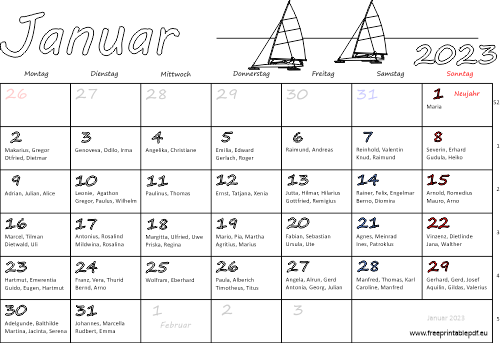 Januar 2023 Kalender mit namenstagen