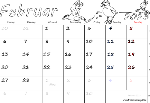 Februar 2023 Kalender mit Feiertagen