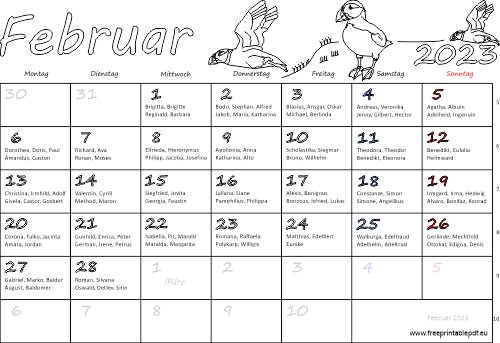 Februar 2023 Kalender mit namenstagen