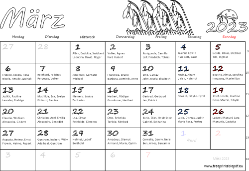 März 2023 Kalender namenstagen
