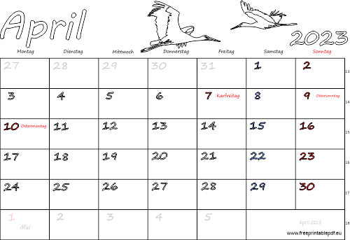 April 2023 Kalender mit Feiertagen