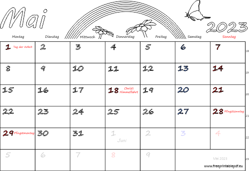 Mai 2023 Kalender mit Feiertagen