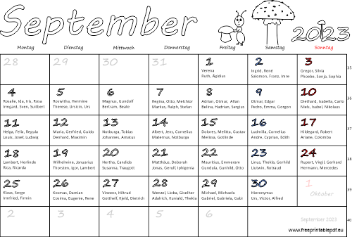 September 2023 Kalender namenstagen