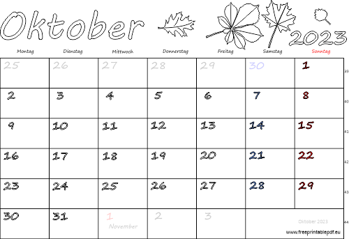 Oktober 2023 Kalender mit Feiertagen