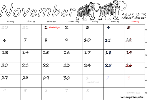 November 2023 Kalender mit Feiertagen