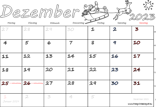 Dezember 2023 Kalender mit Feiertagen