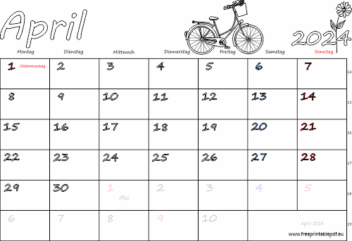 April 2024 Kalender mit Feiertagen