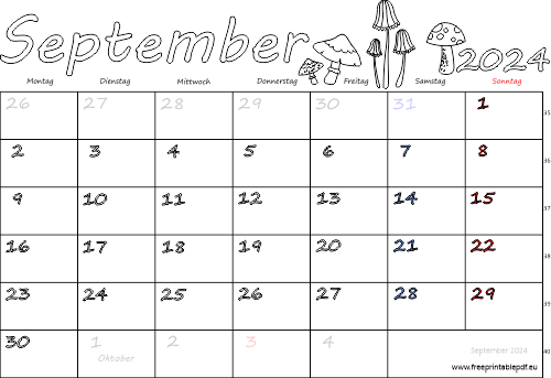 Laden Sie den Kalender für September 2024 mit Feiertagen herunter