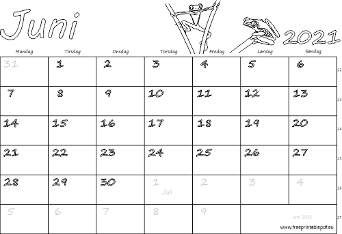 Smøre Skøn faldt Kalender juni 2021 printervenlig | Gratis Printable PDF