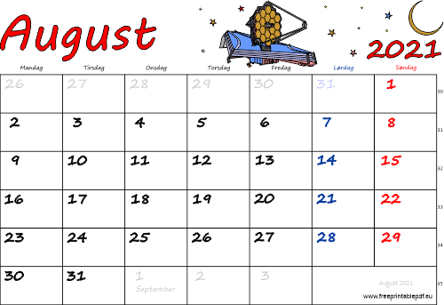 August 2021 med helligdage farverig