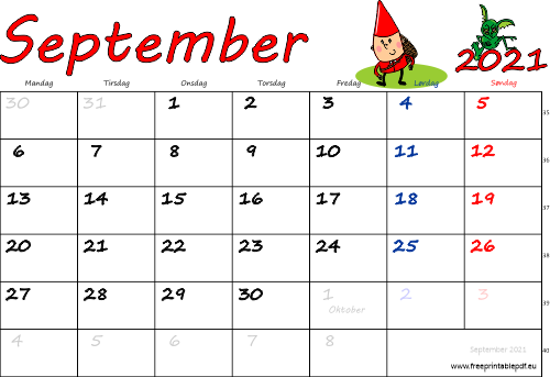 September 2021 med helligdage farverig