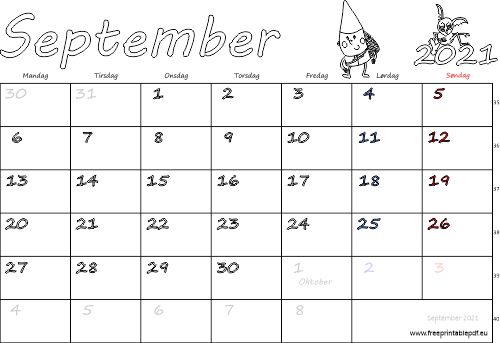 September 2021 med helligdage