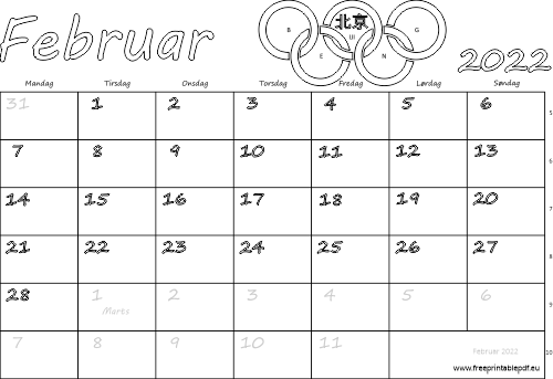 Kalender for februar måned 2022 downloade