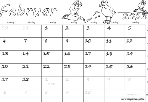 Kalender for februar måned 2023 downloade
